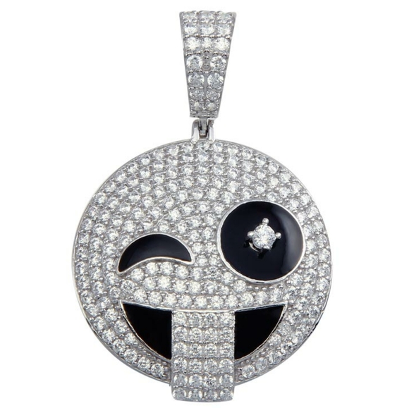 Sterling Silver 925 Rhodium Plated Winky Face Emoji CZ Pendant - Picture 1 of 1